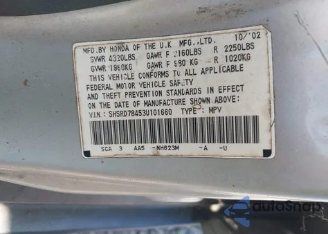 2003 Honda Cr-V Lx z USA, uszkodzony, nr VIN SHSRD78453U101660